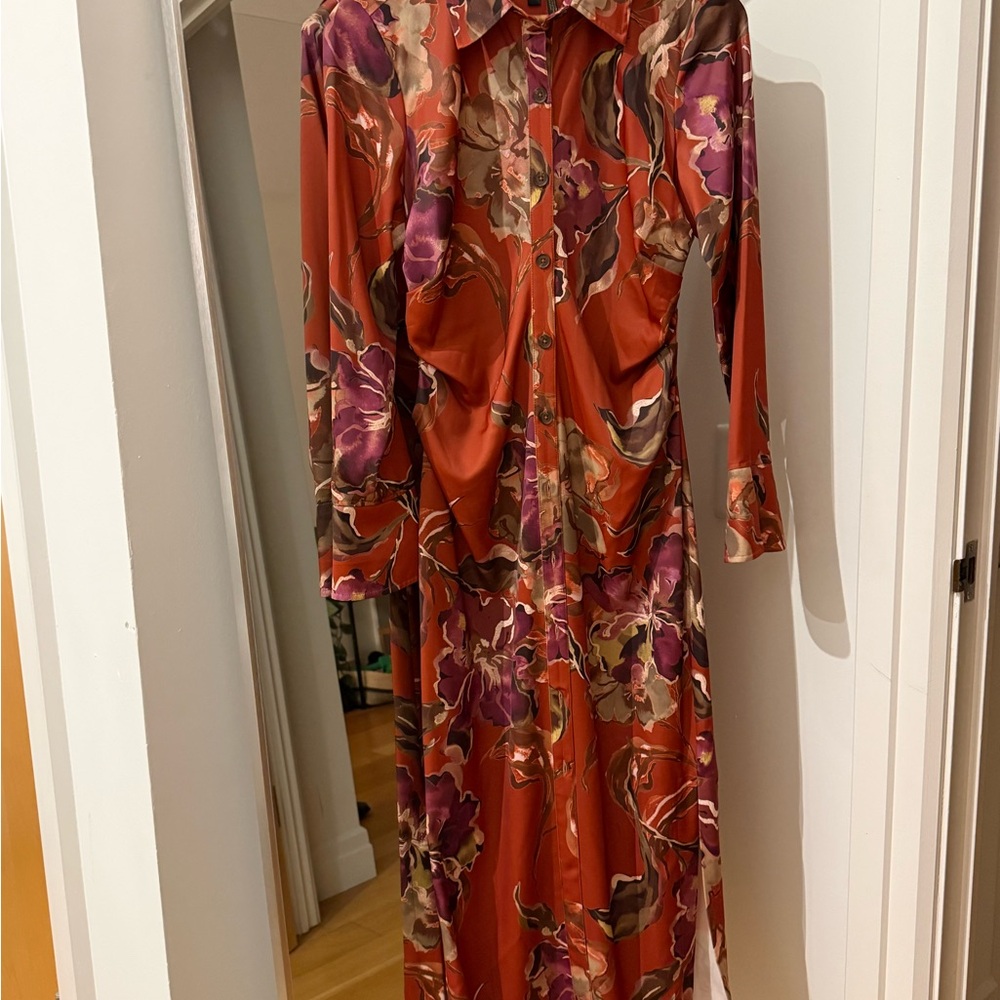 Donna Karan Red and Purple Floral Long Sleeve Dress